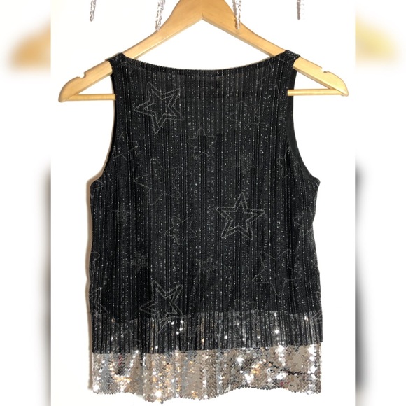 ✨SILVERY STARS PRINT BLING BLACK SLEEVES TANK - Picture 3 of 5